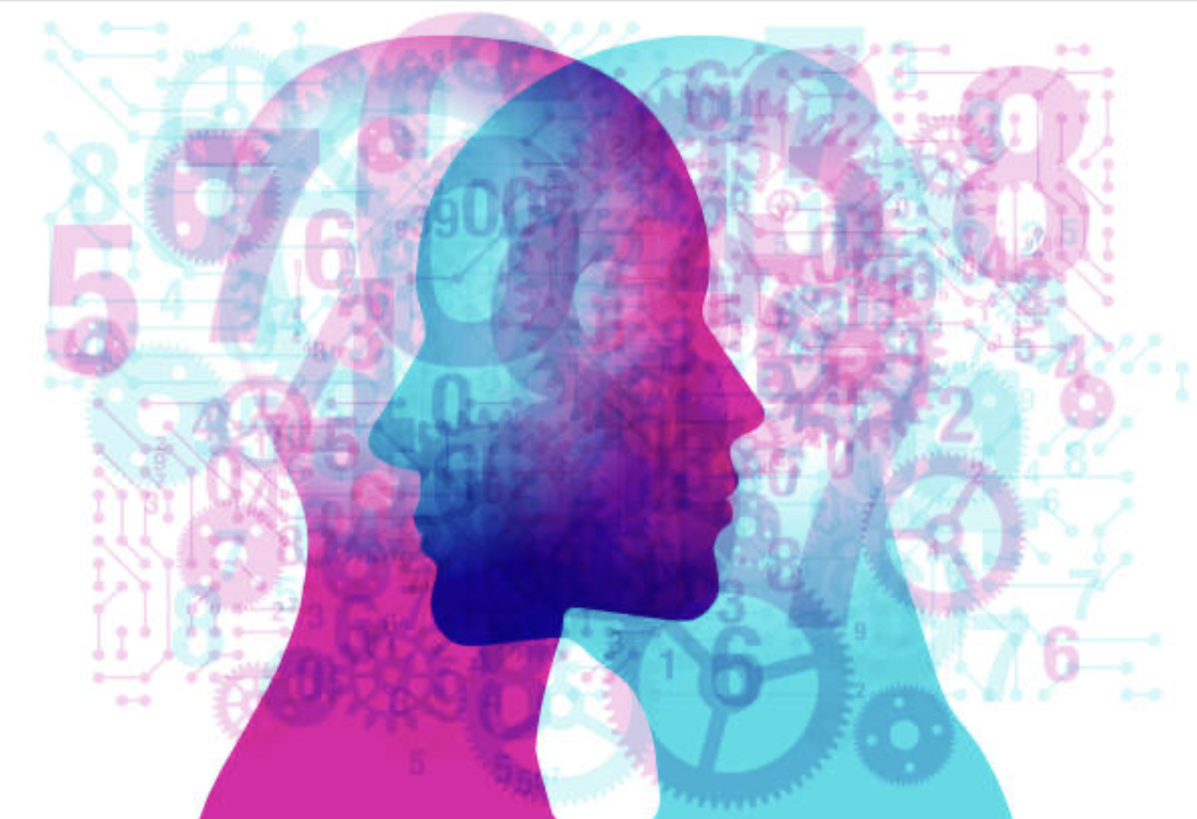 A male and female side silhouette positioned face to face, overlaid with various semi-transparent shapes, machine gears, circuit board patterns and numbers.